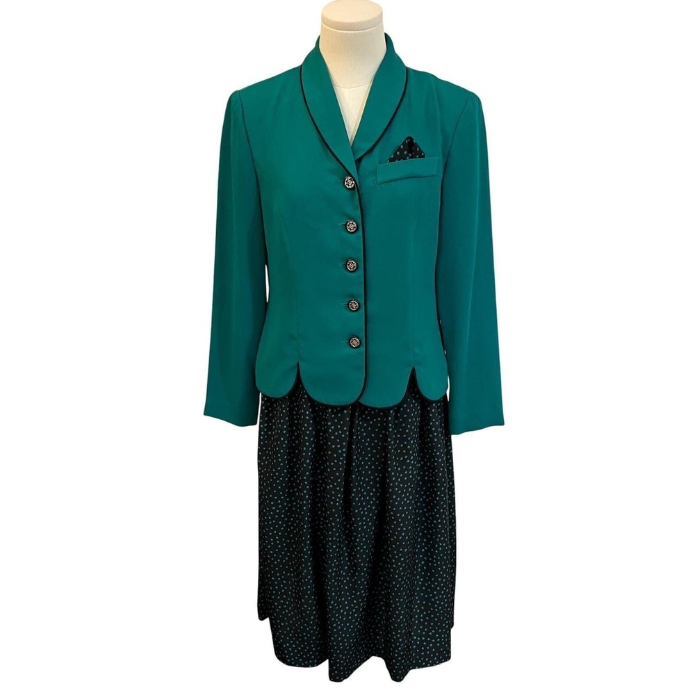 Vintage Leslie Fay Teal Skirt Suit Scalloped Blazer Polka Dot 6P